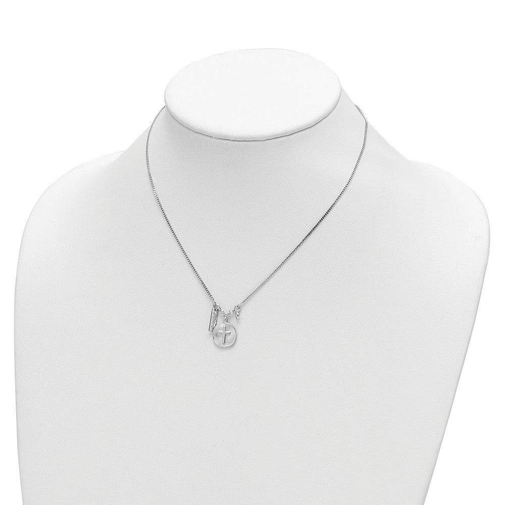 Sterling Silver Rhodium-plated Satin Cross/Hope/CZ w/ Ext Necklace