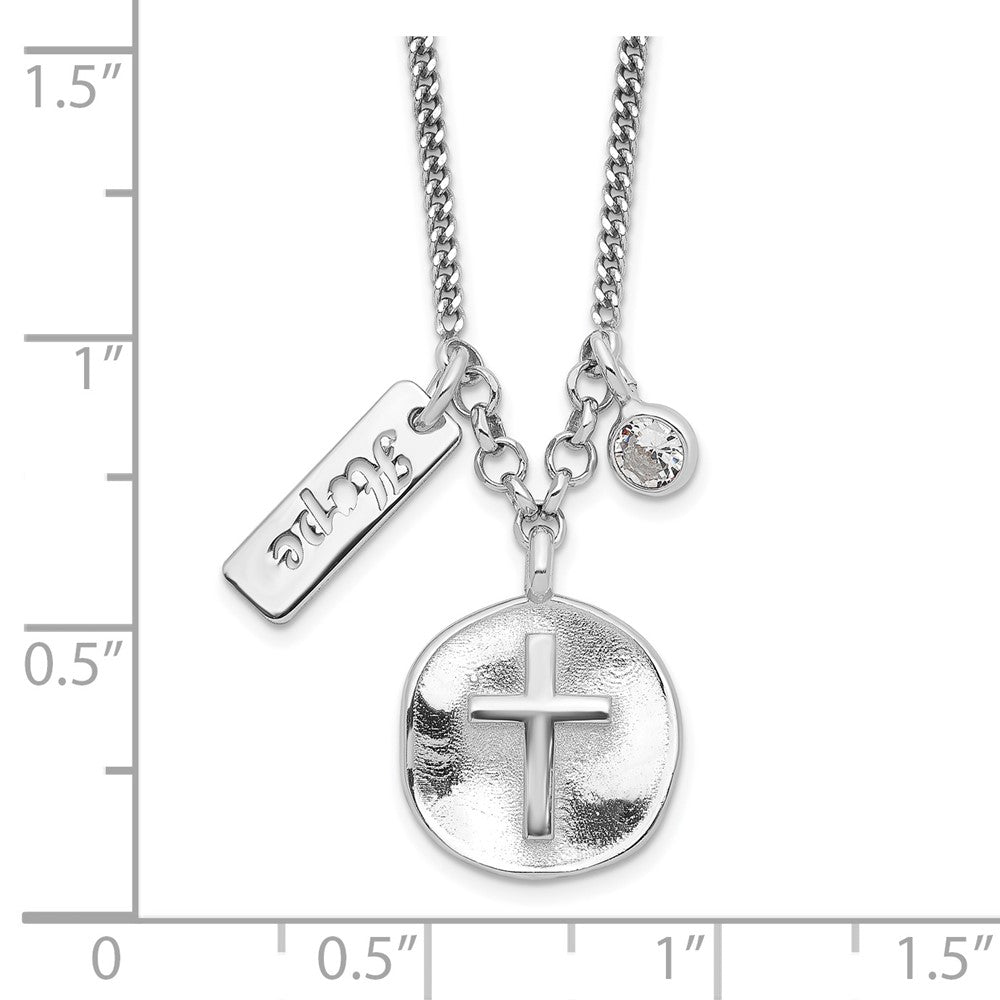 Sterling Silver Rhodium-plated Satin Cross/Hope/CZ w/ Ext Necklace