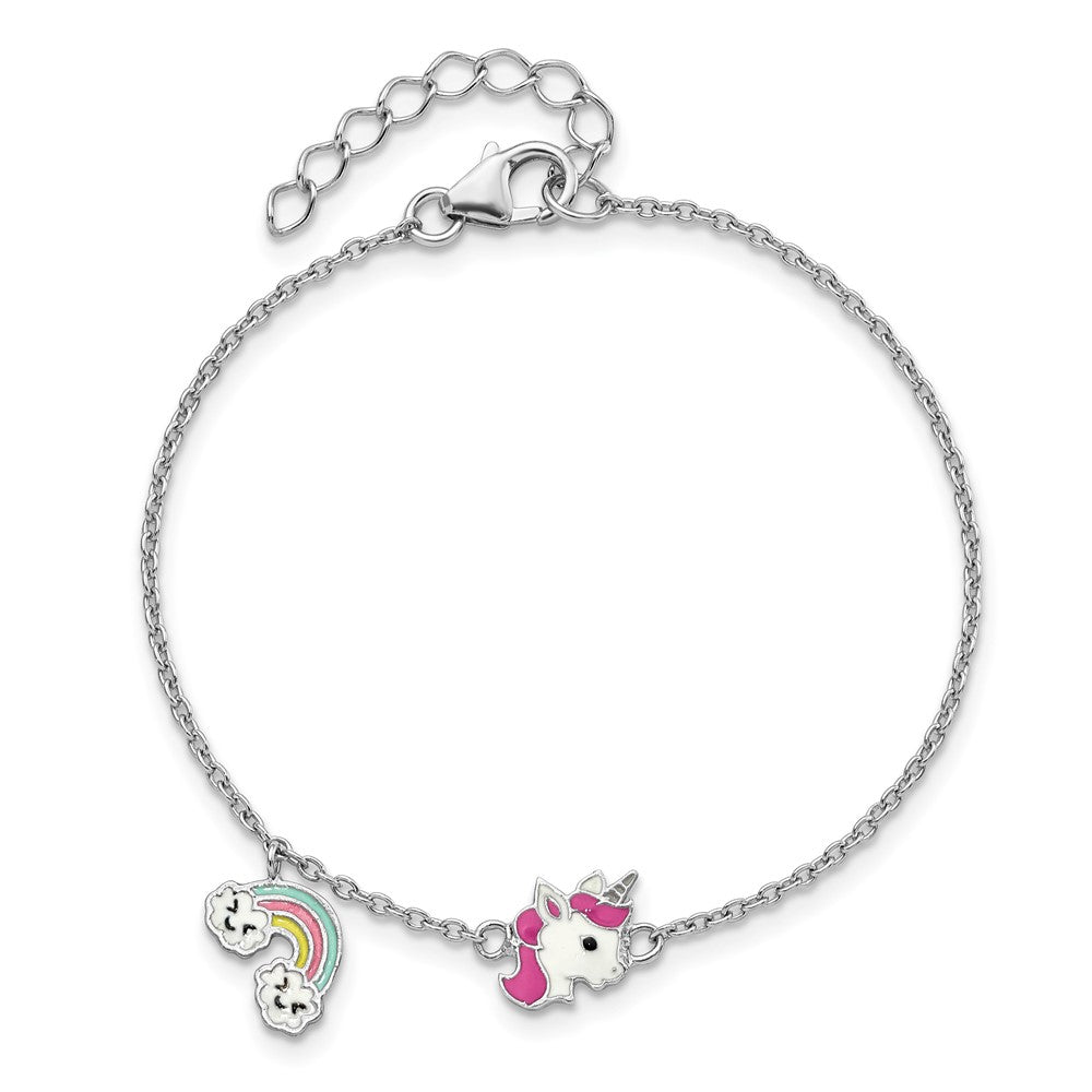 SS RH-plated Enameled Unicorn & Rainbow 5.75in w/ 1in Ext. Bracelet
