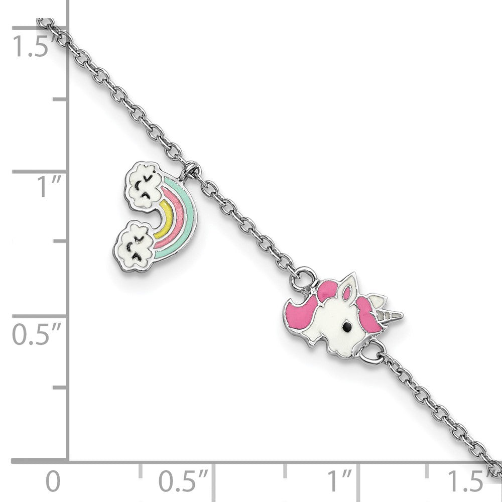 SS RH-plated Enameled Unicorn & Rainbow 5.75in w/ 1in Ext. Bracelet