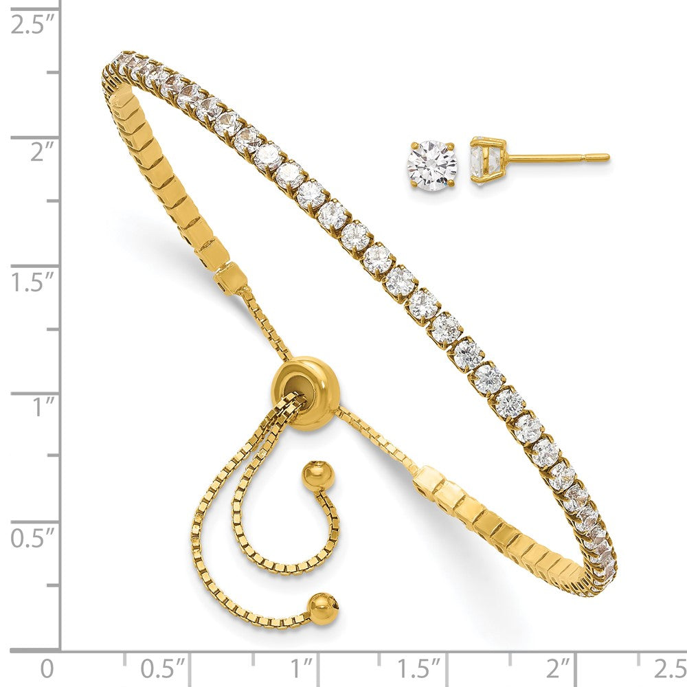 Sterling Silver Gold-plated CZ Adjustable Bracelet and Post Earring Set