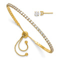 Sterling Silver Gold-plated CZ Adjustable Bracelet and Post Earring Set