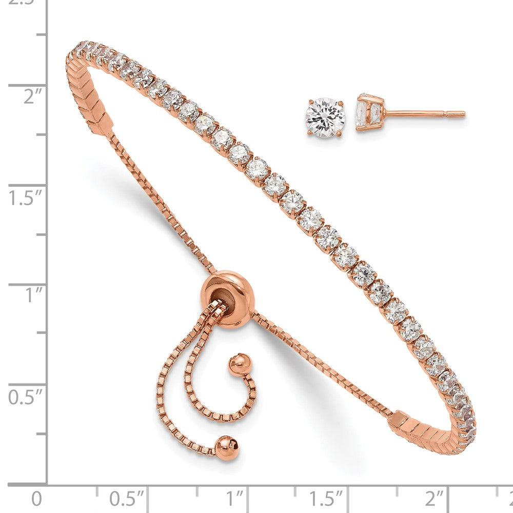 Sterling Silver Rose Gold-plated CZ Adjustable Bracelet and Earring Set