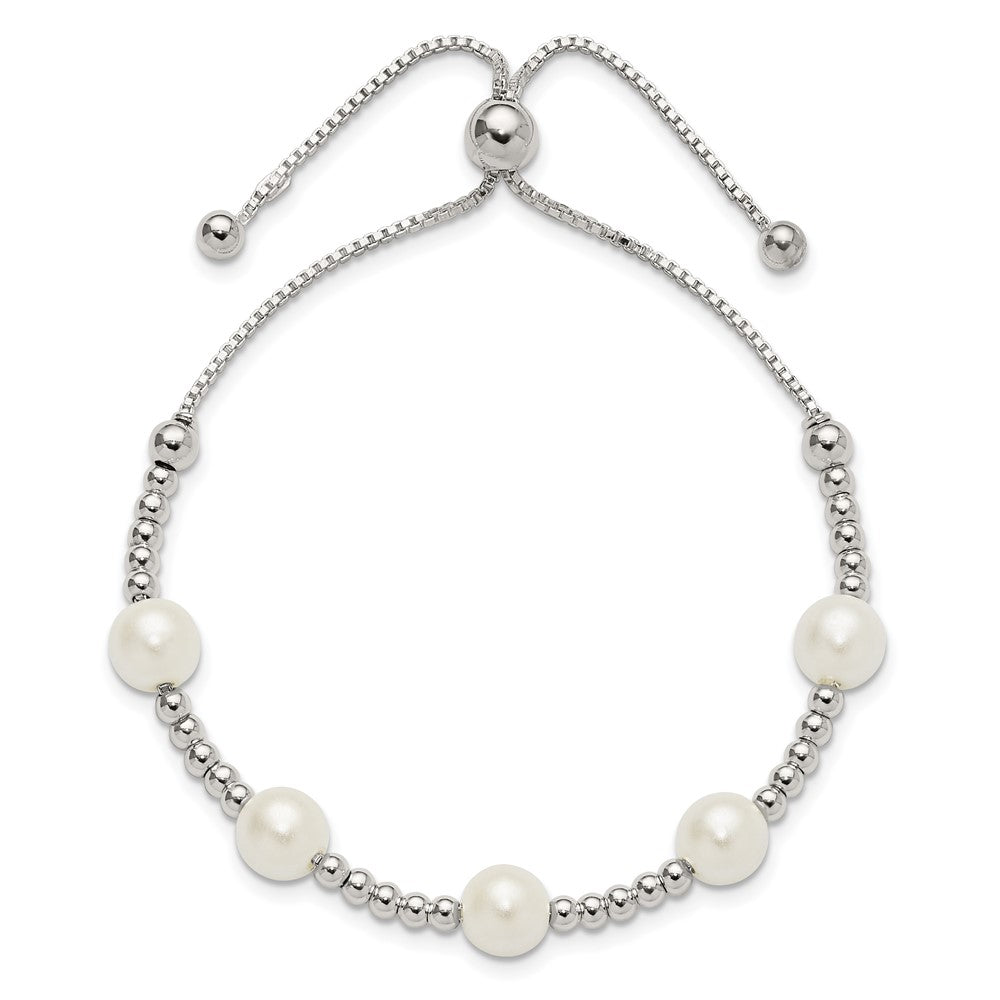 Sterling Silver Polished Beaded and Synthetic Pearl Adjustable Bracelet