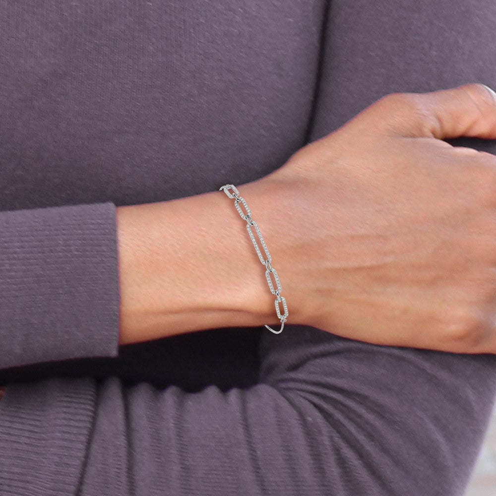 Sterling Silver Rhod-plated Paperclip Link CZ Adjustable Bracelet