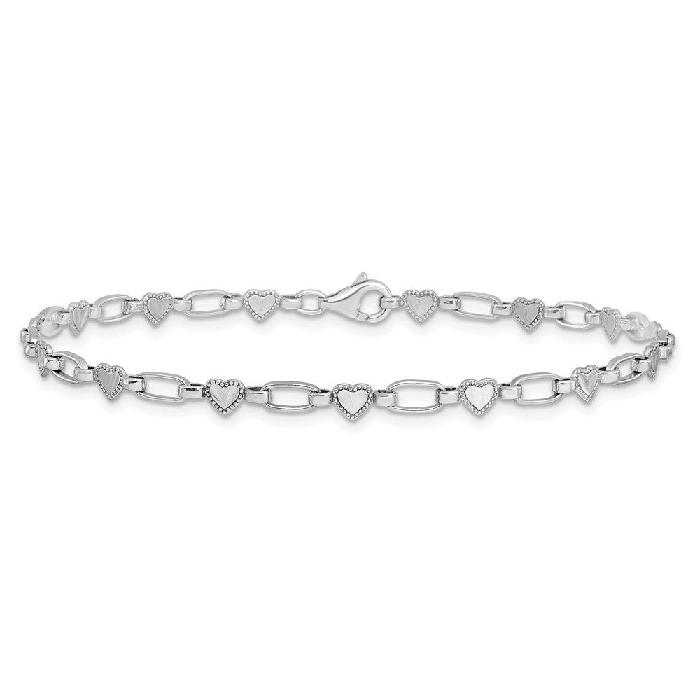 Sterling Silver Rhodium-plated Heart Link Anklet