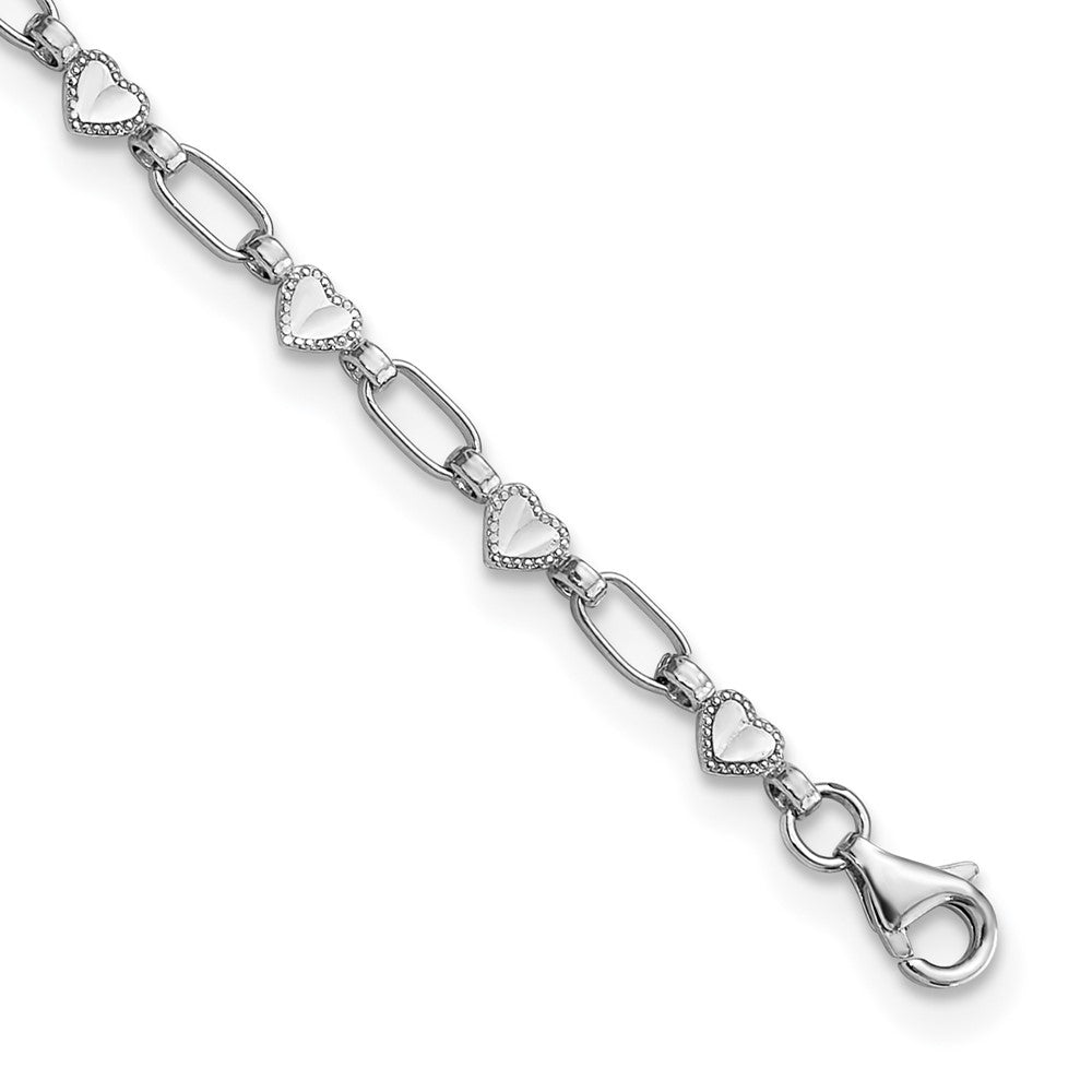 Sterling Silver Rhodium-plated Heart Link Anklet
