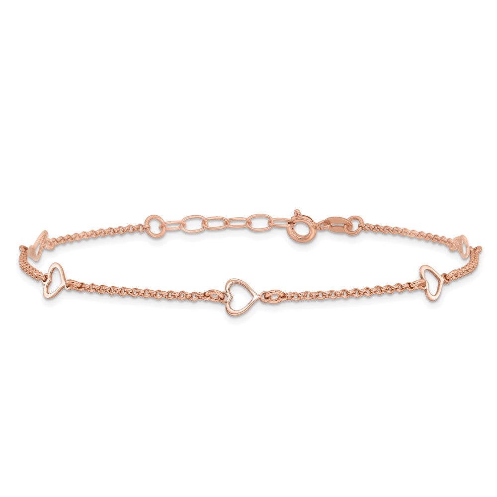 Sterling Silver Rose-tone Hearts 9in Plus 1in ext Anklet
