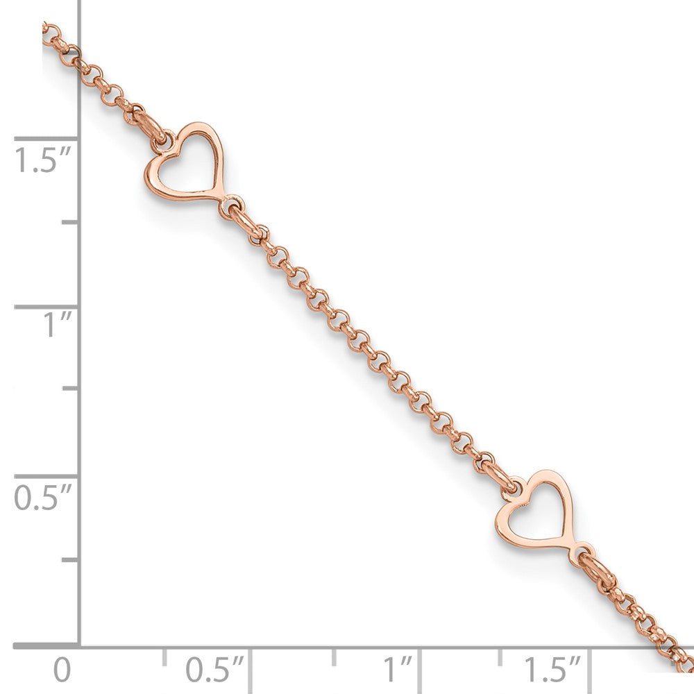Sterling Silver Rose-tone Hearts 9in Plus 1in ext Anklet
