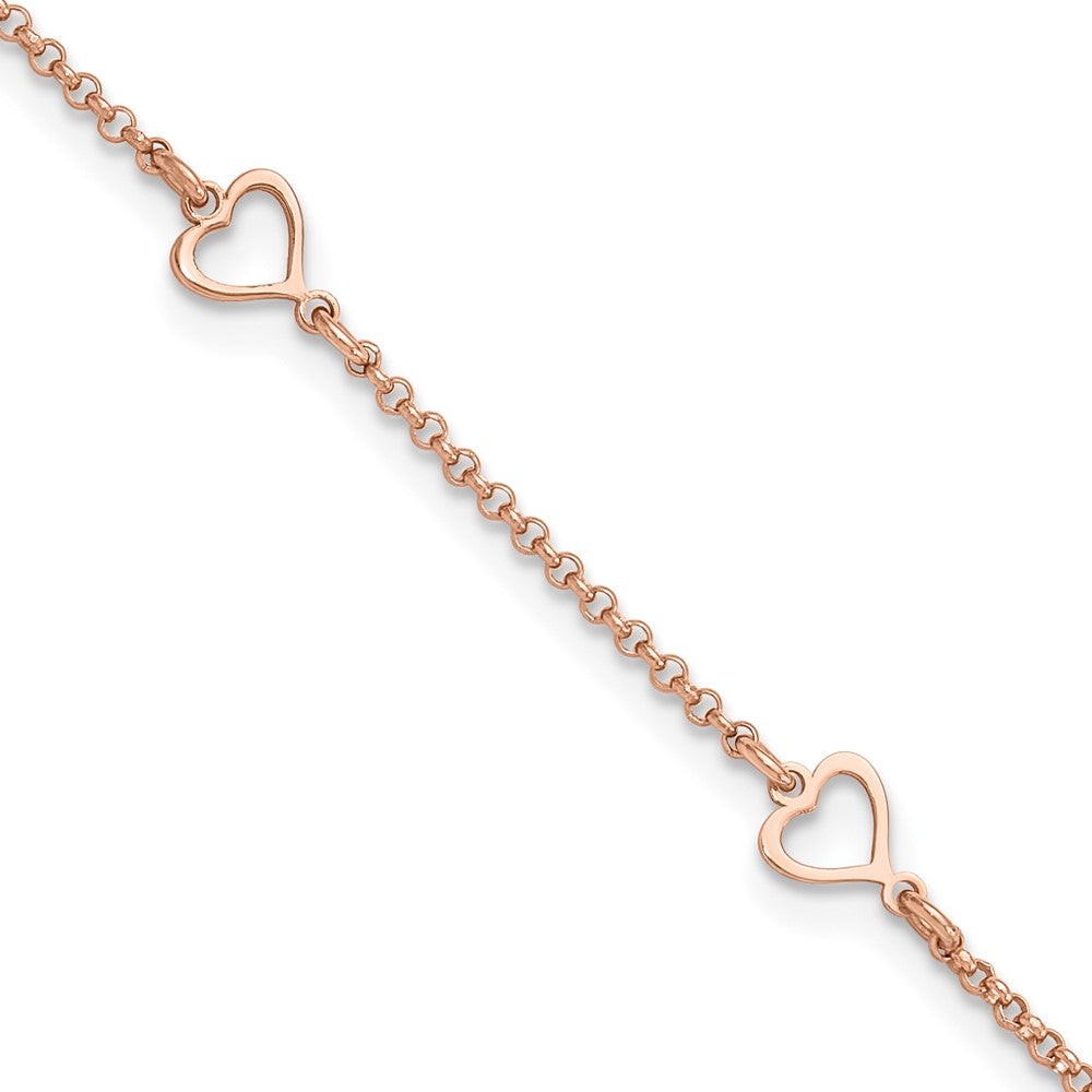 Sterling Silver Rose-tone Hearts 9in Plus 1in ext Anklet
