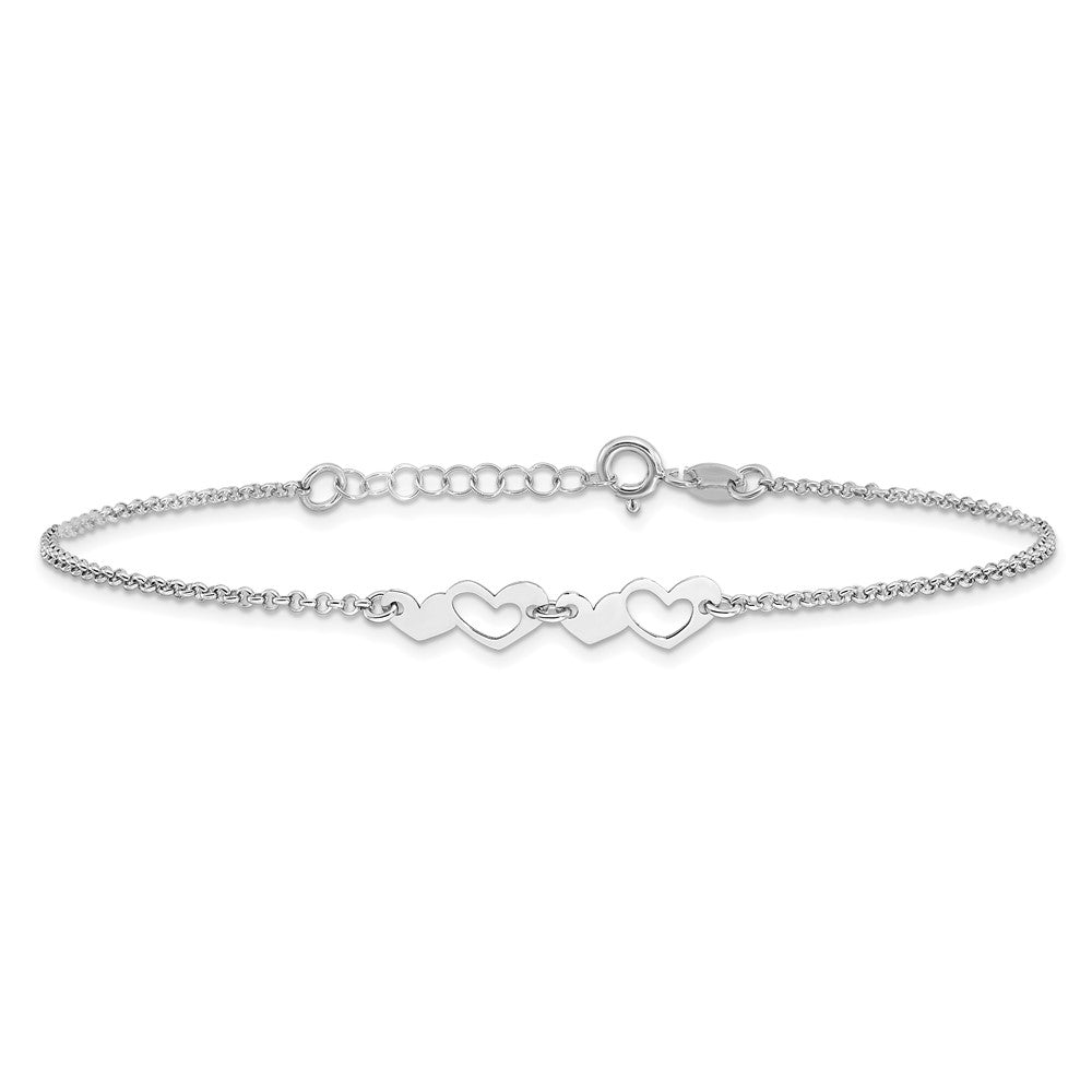 Sterling Silver Rhodium-plated Hearts Plus ext Anklet