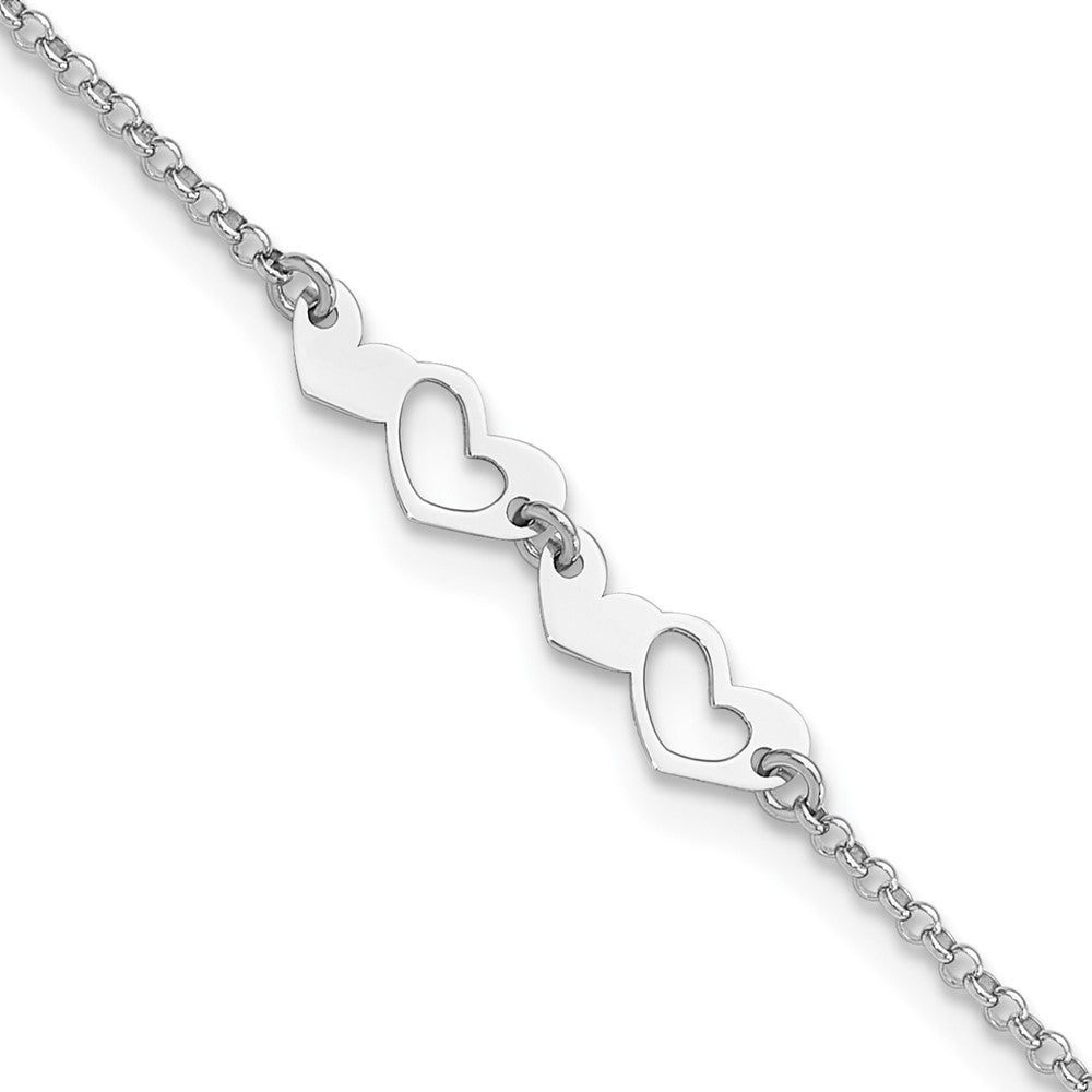 Sterling Silver Rhodium-plated Hearts Plus ext Anklet