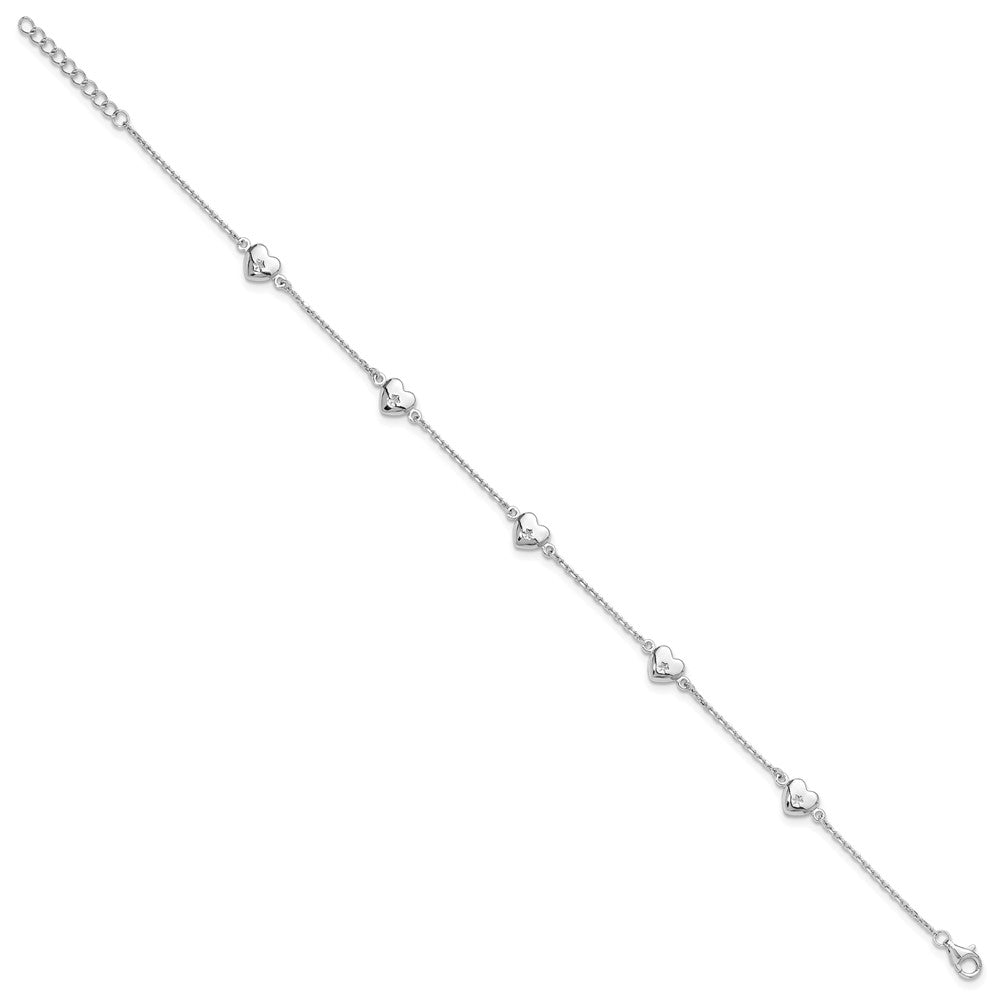Sterling Silver Rhodium-plated Hearts Plus ext Anklet