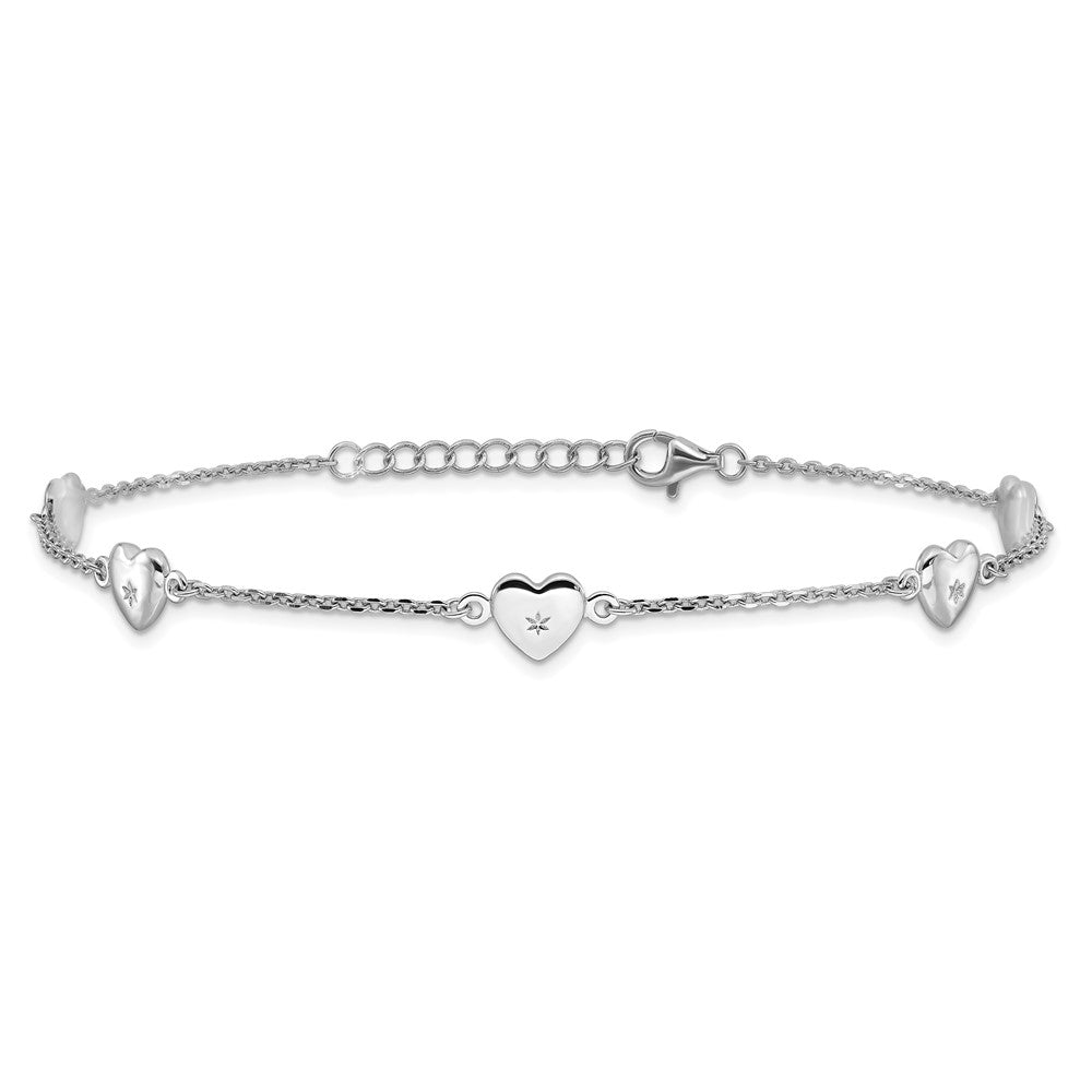 Sterling Silver Rhodium-plated Hearts Plus ext Anklet