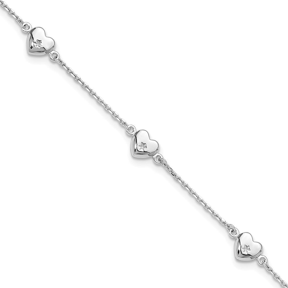 Sterling Silver Rhodium-plated Hearts Plus ext Anklet