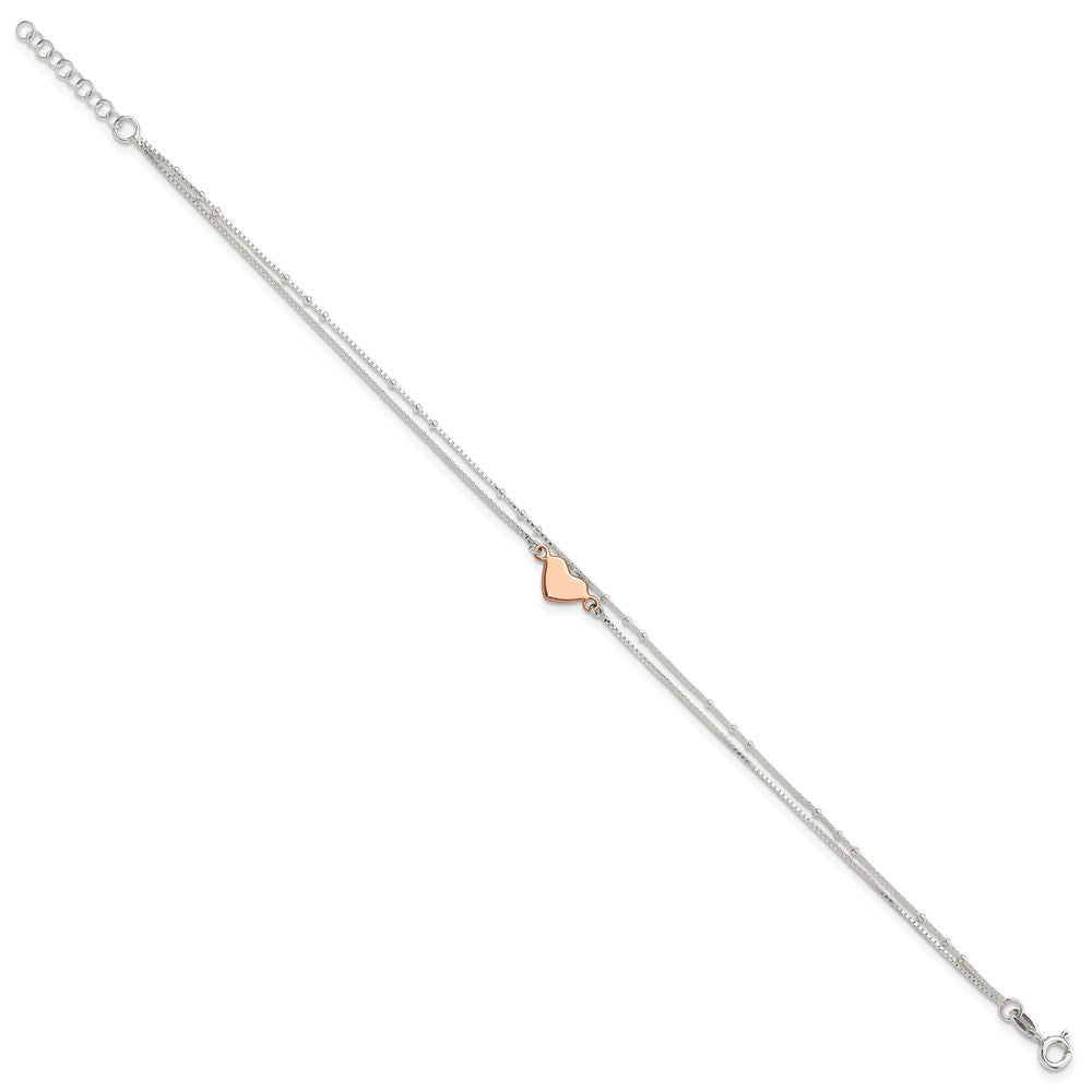 Sterling Silver Rose-tone 2-Strand Heart 9in Plus 1in ext. Anklet