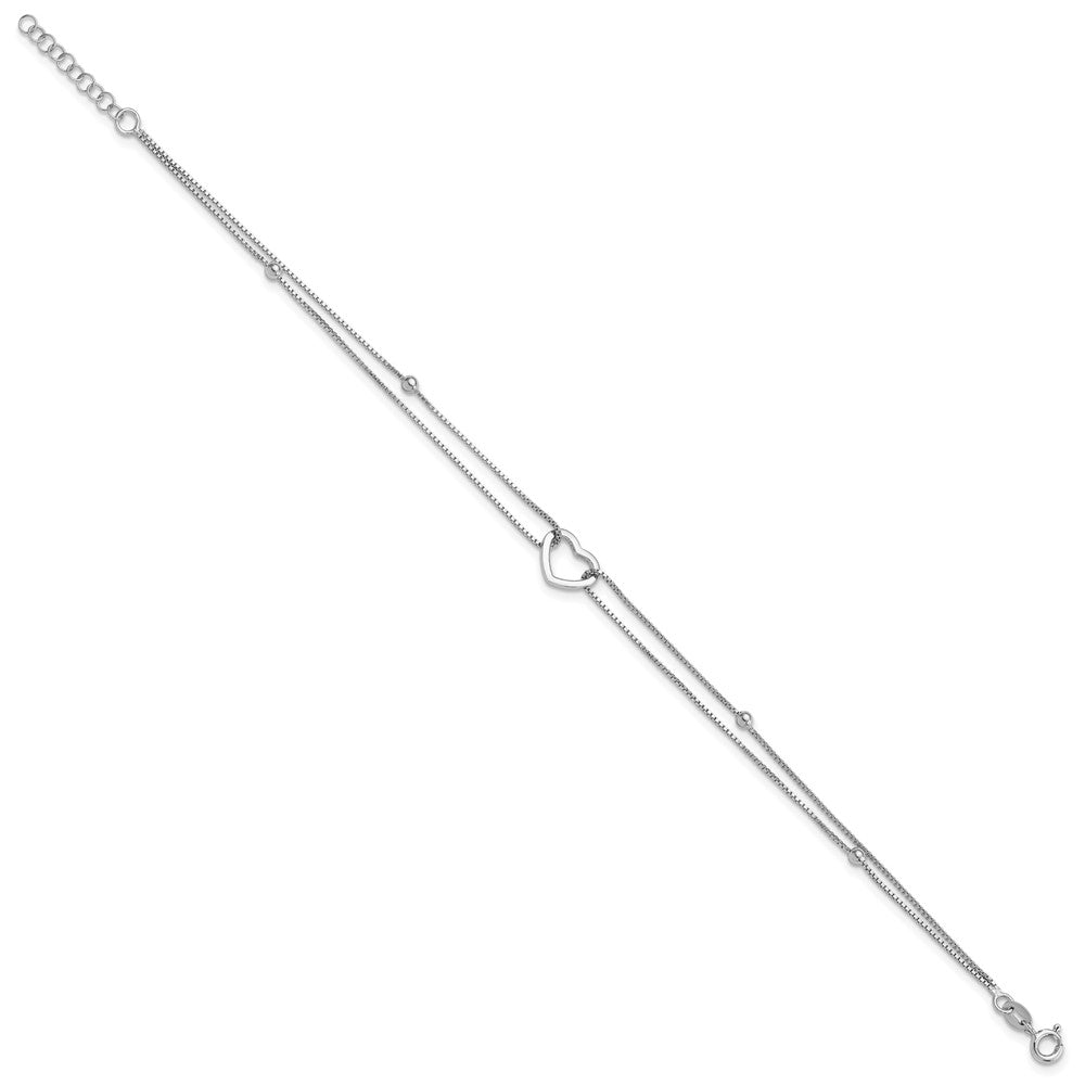 Sterling Silver Rhod-plated Polished Heart Beaded 9in w/1in ext Anklet