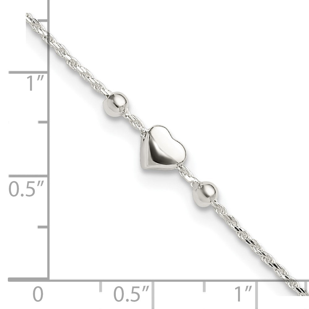 Sterling Silver Polished Heart Plus ext. Anklet