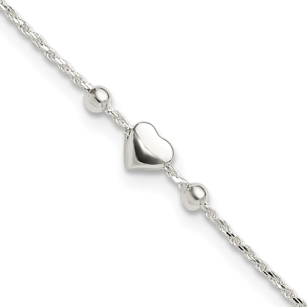 Sterling Silver Polished Heart Plus ext. Anklet