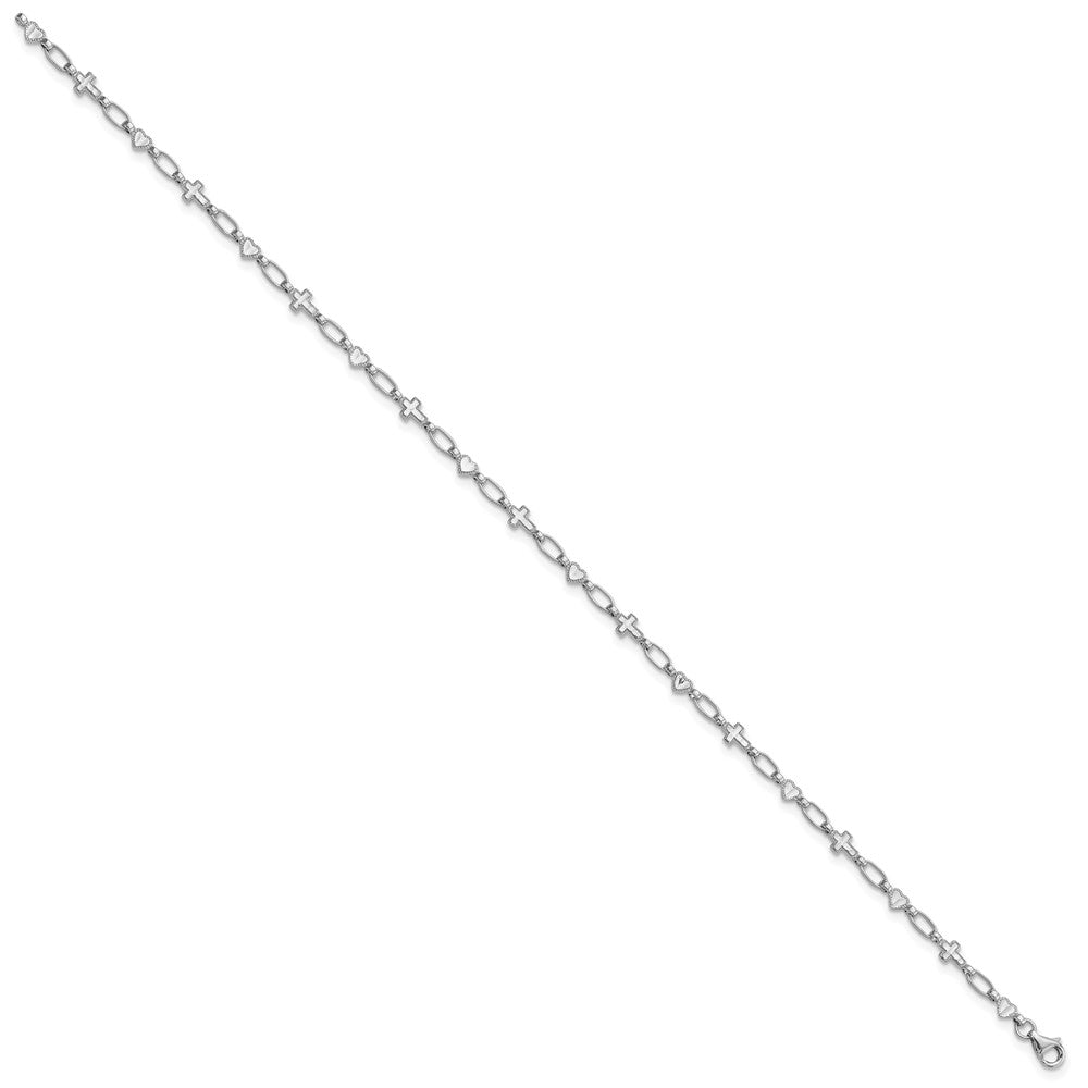 Sterling Silver Rhodium-plated Heart and Cross Bracelet