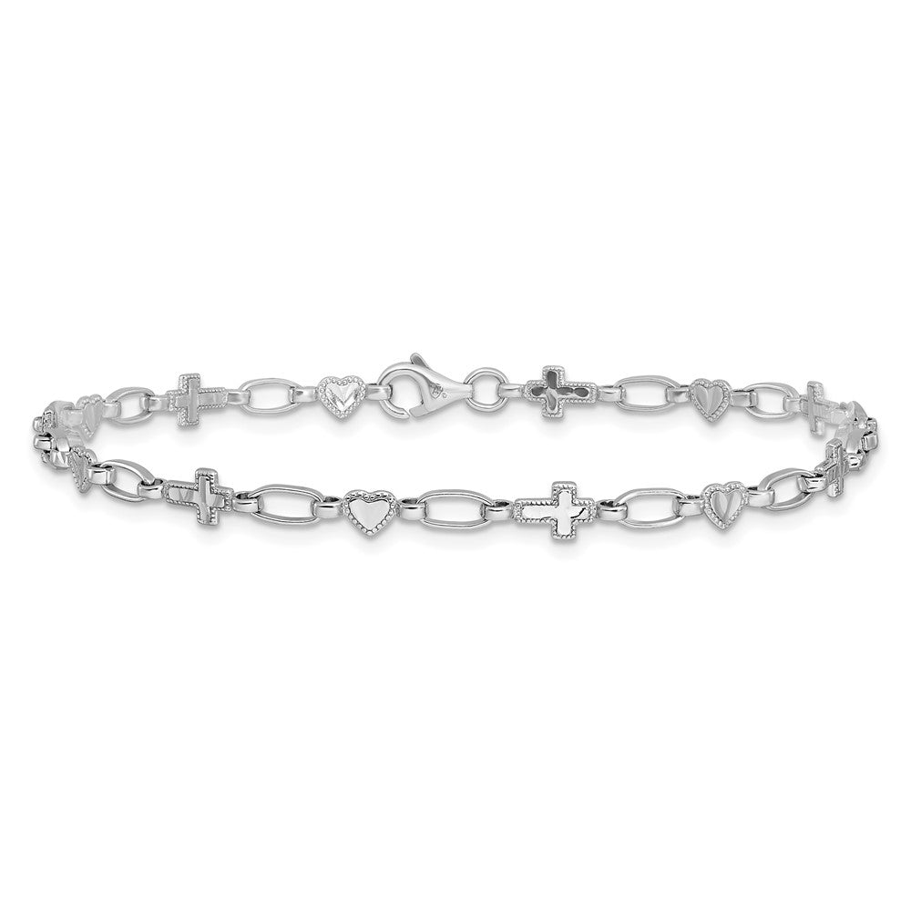 Sterling Silver Rhodium-plated Heart and Cross Bracelet
