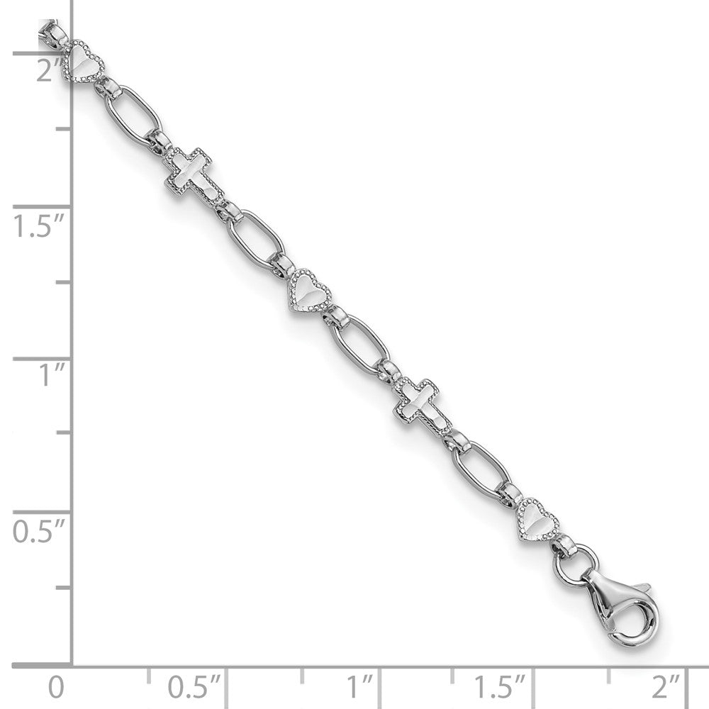 Sterling Silver Rhodium-plated Heart and Cross Bracelet