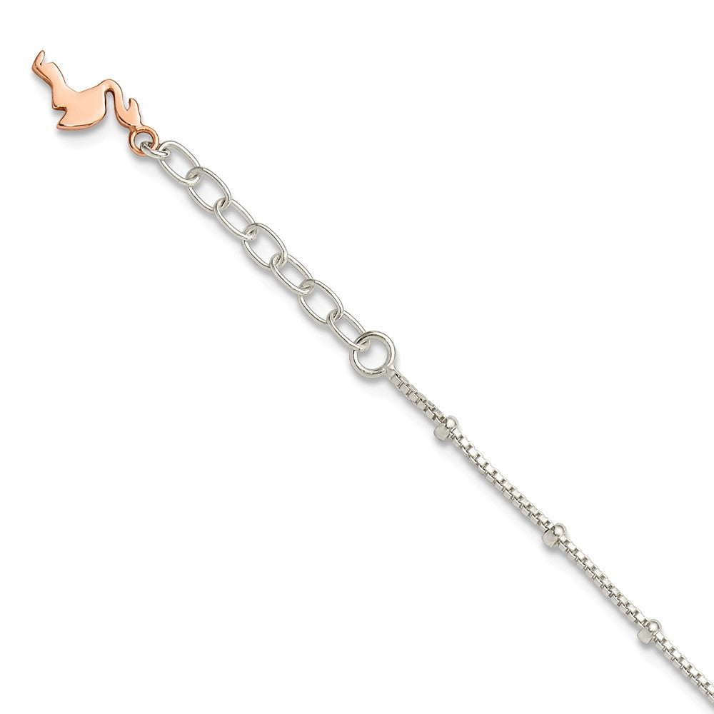 Sterling Silver Beaded Rose-tone Flamingo 9in Plus 1 inch Ext Anklet