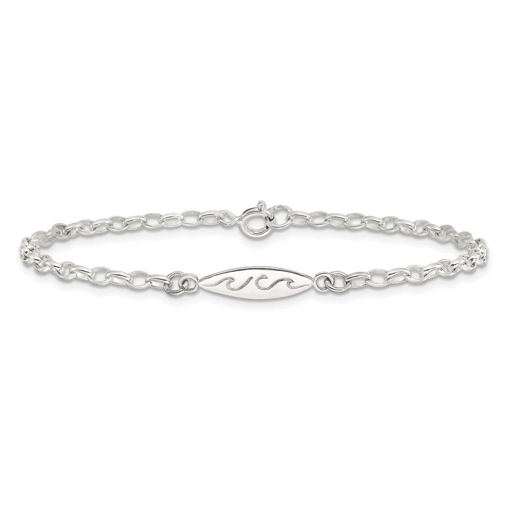 Sterling Silver Antiqued Polished Etched Waves Surfboard Link Anklet