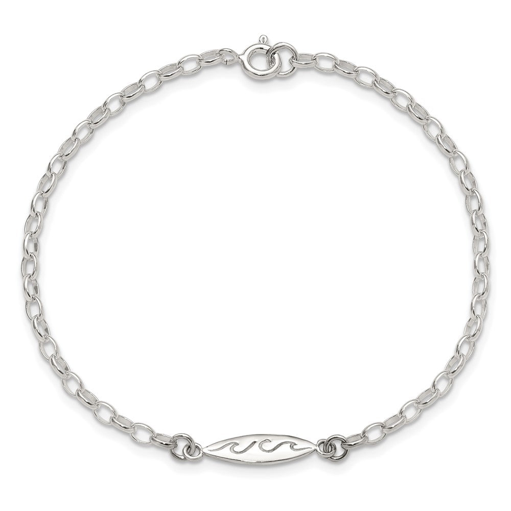 Sterling Silver Antiqued Polished Etched Waves Surfboard Link Anklet