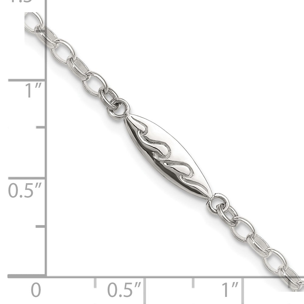 Sterling Silver Antiqued Polished Etched Waves Surfboard Link Anklet