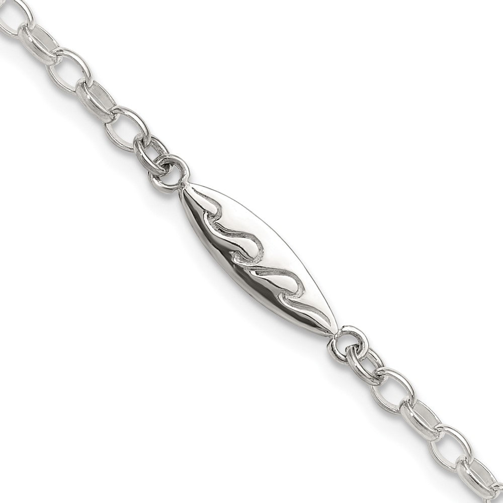 Sterling Silver Antiqued Polished Etched Waves Surfboard Link Anklet