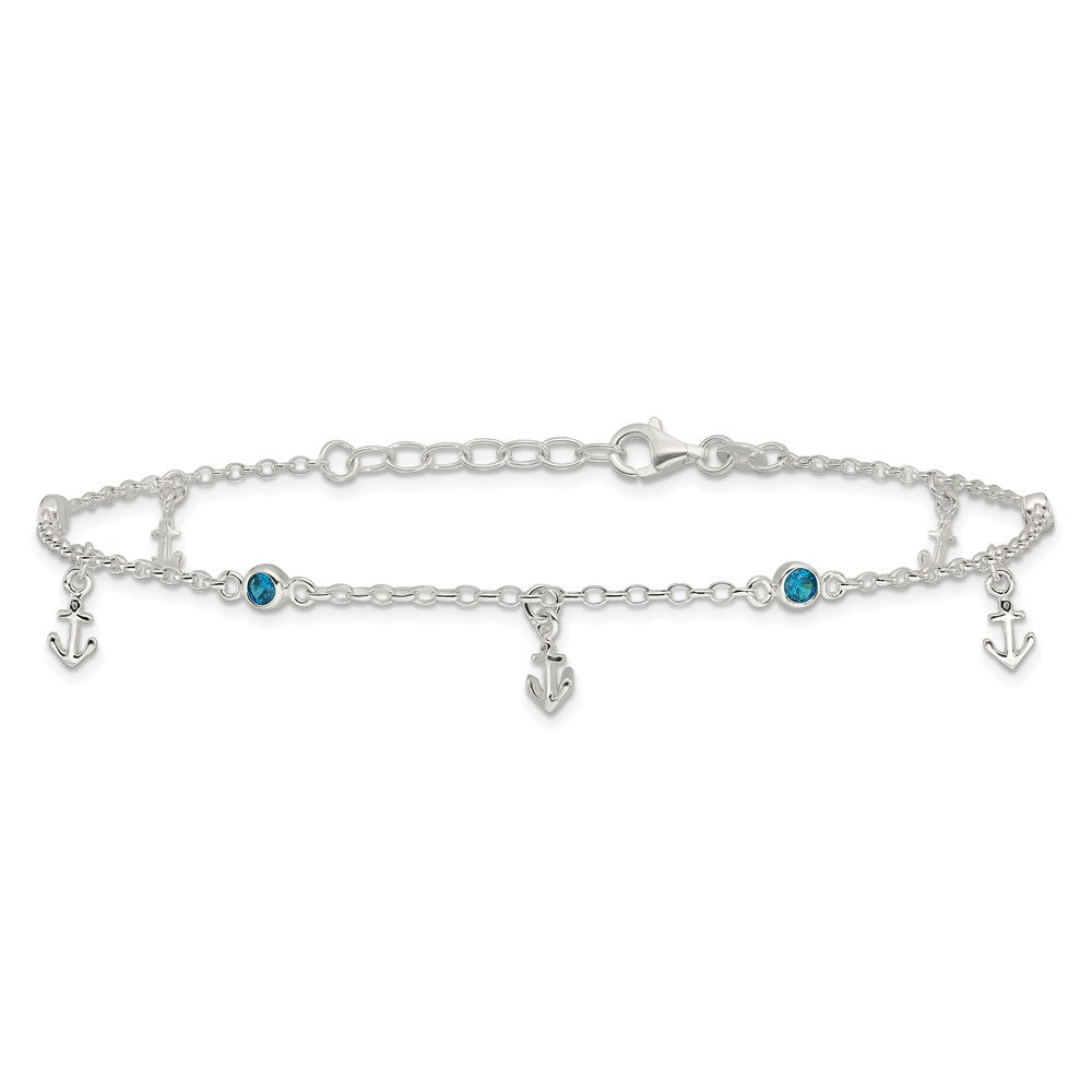 Sterling Silver Polished Blue CZ and Anchors 9in Plus 1in ext Anklet