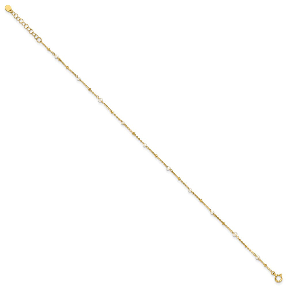 Sterling Silver Gold-plated 3mm FWC Pearl 9in Plus 1in ext Anklet