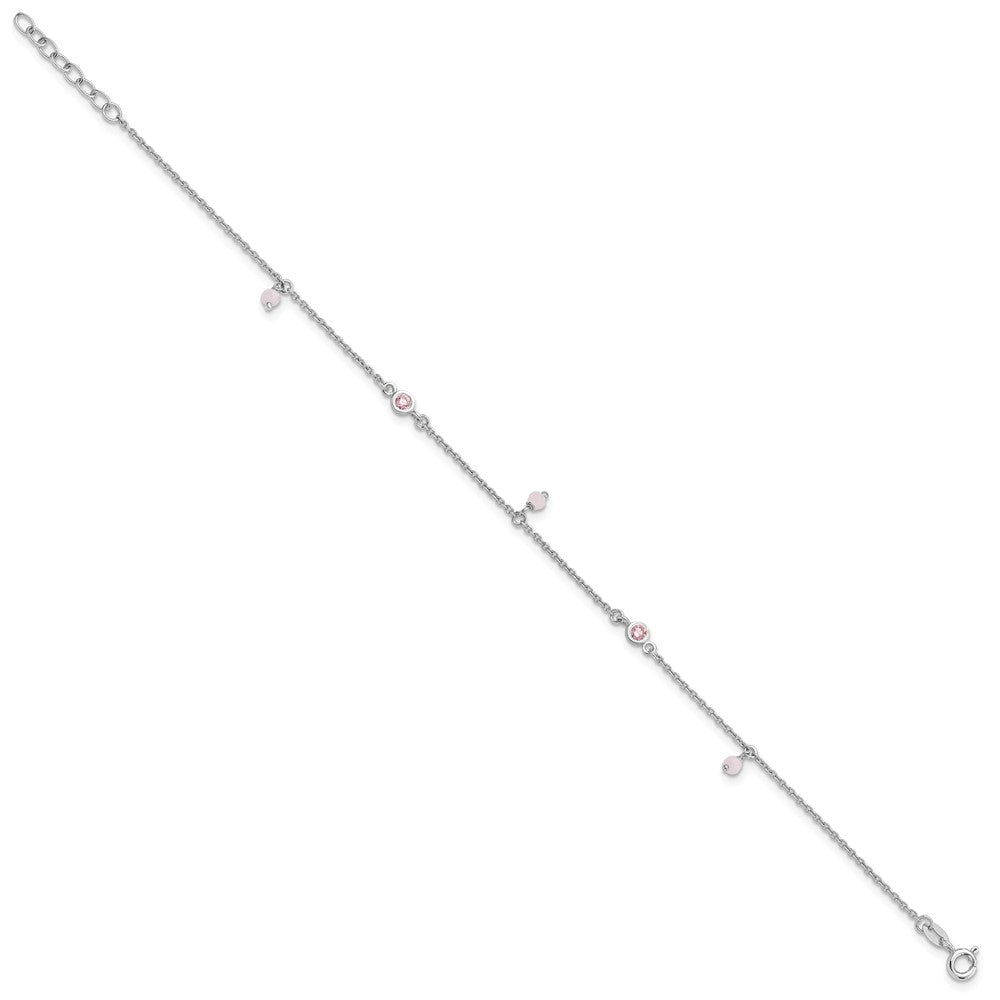 Sterling Silver Rhod-plated Pink CZ/Glass Beads 9in Plus 1in ext Anklet