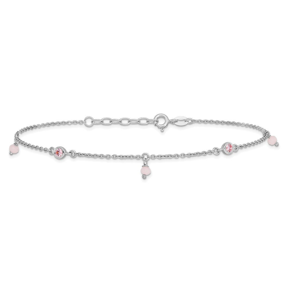 Sterling Silver Rhod-plated Pink CZ/Glass Beads 9in Plus 1in ext Anklet