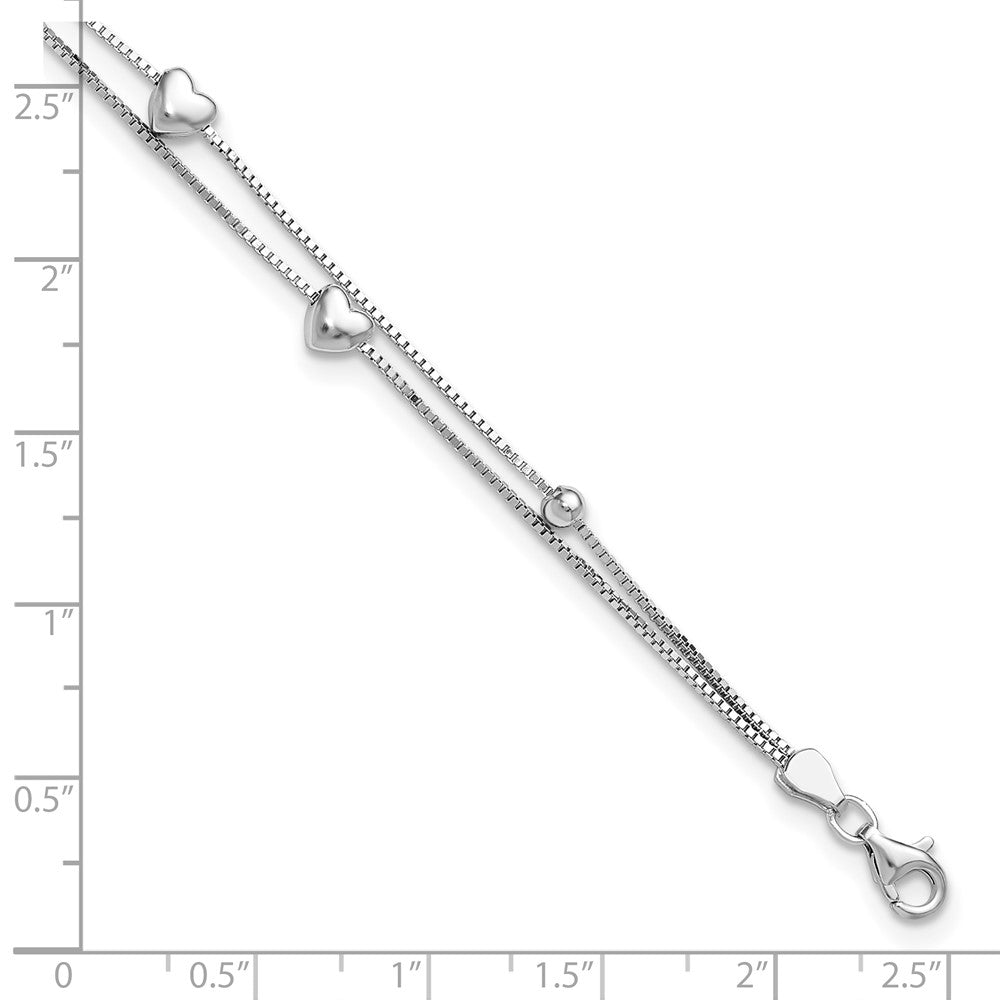 Sterling Silver Rhod-plated 6.75 1in ext Two Strand Heart/Bead Bracelet