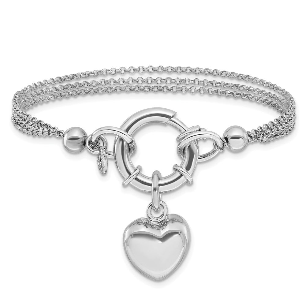 Sterling Silver Rhodium-plated Polished Puff Heart Dangle 6.5 Inch Bracelet