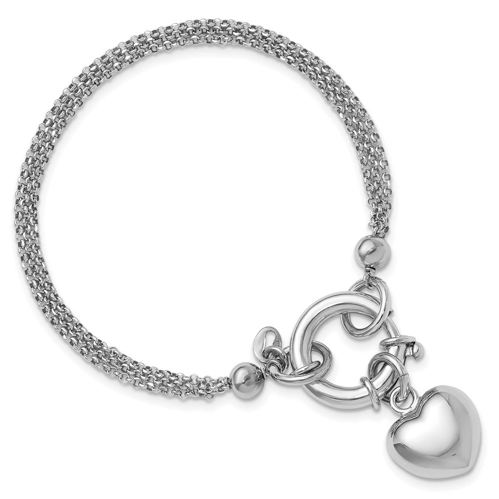 Sterling Silver Rhodium-plated Polished Puff Heart Dangle 6.5 Inch Bracelet