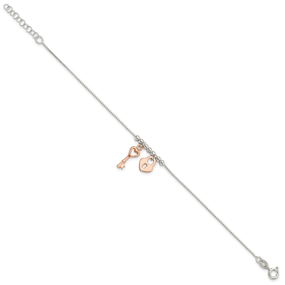 Sterling Silver w/Rose Gold-pltd Lock and Key Beaded 7in w/1in ext. Bracel