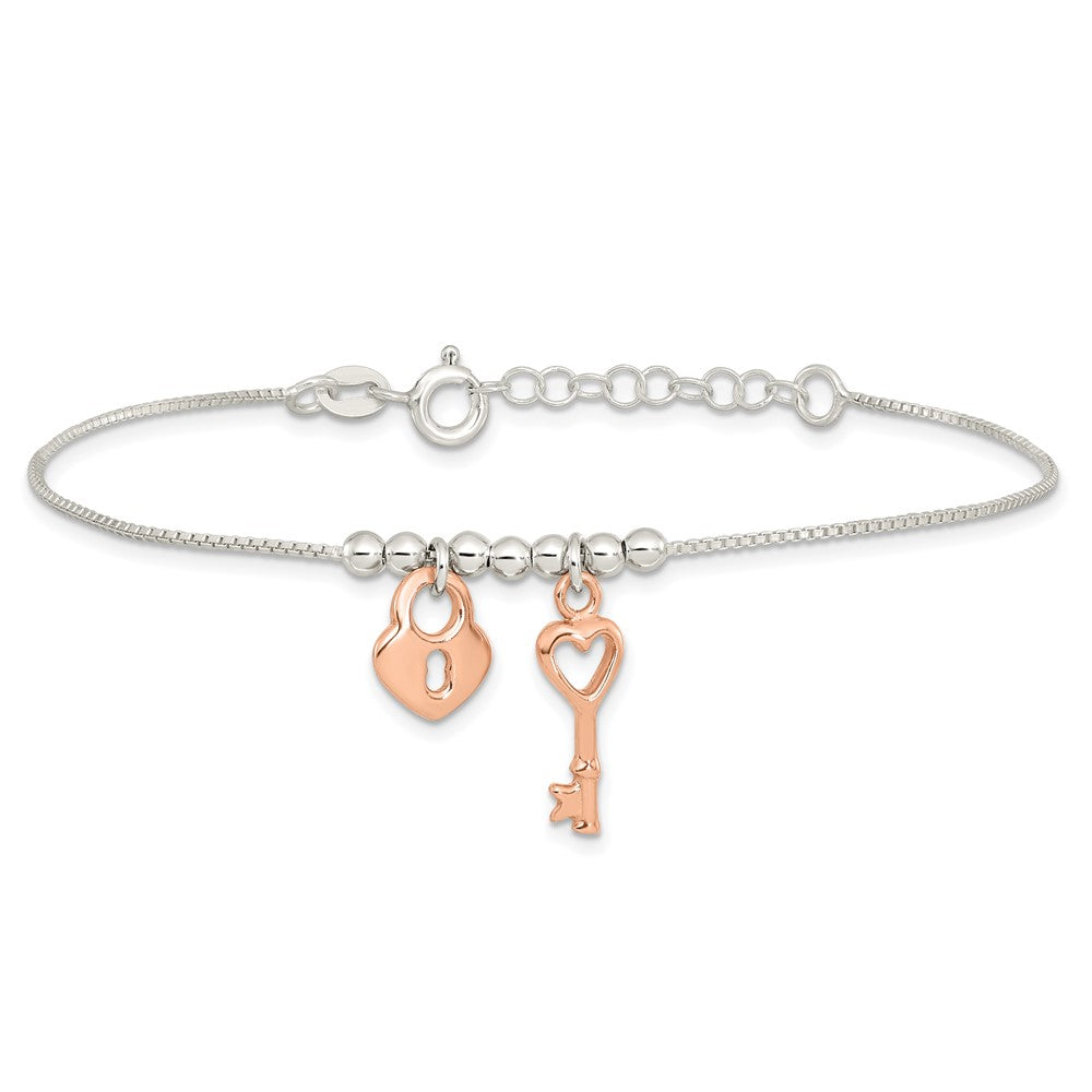 Sterling Silver w/Rose Gold-pltd Lock and Key Beaded 7in w/1in ext. Bracel