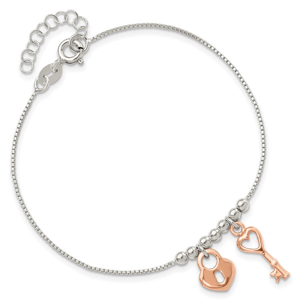Sterling Silver w/Rose Gold-pltd Lock and Key Beaded 7in w/1in ext. Bracel