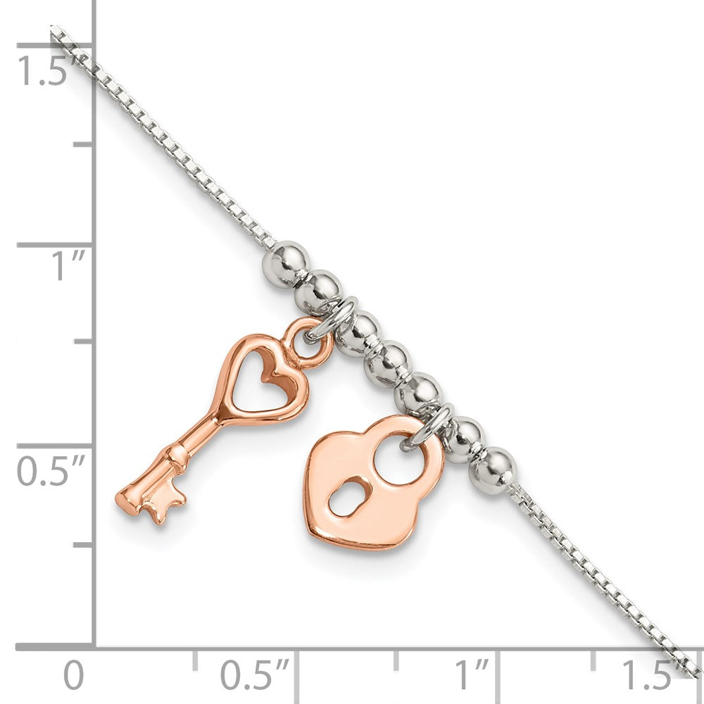 Sterling Silver w/Rose Gold-pltd Lock and Key Beaded 7in w/1in ext. Bracel