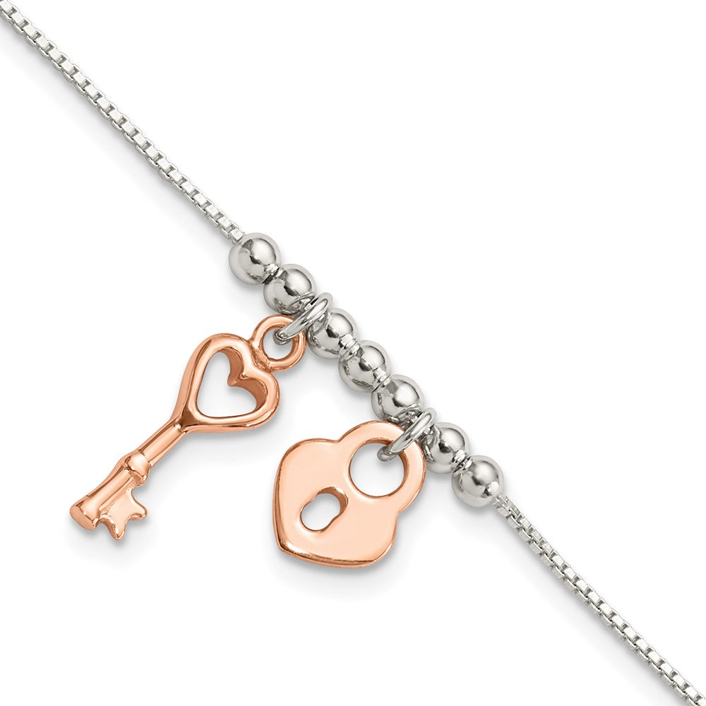 Sterling Silver w/Rose Gold-pltd Lock and Key Beaded 7in w/1in ext. Bracel
