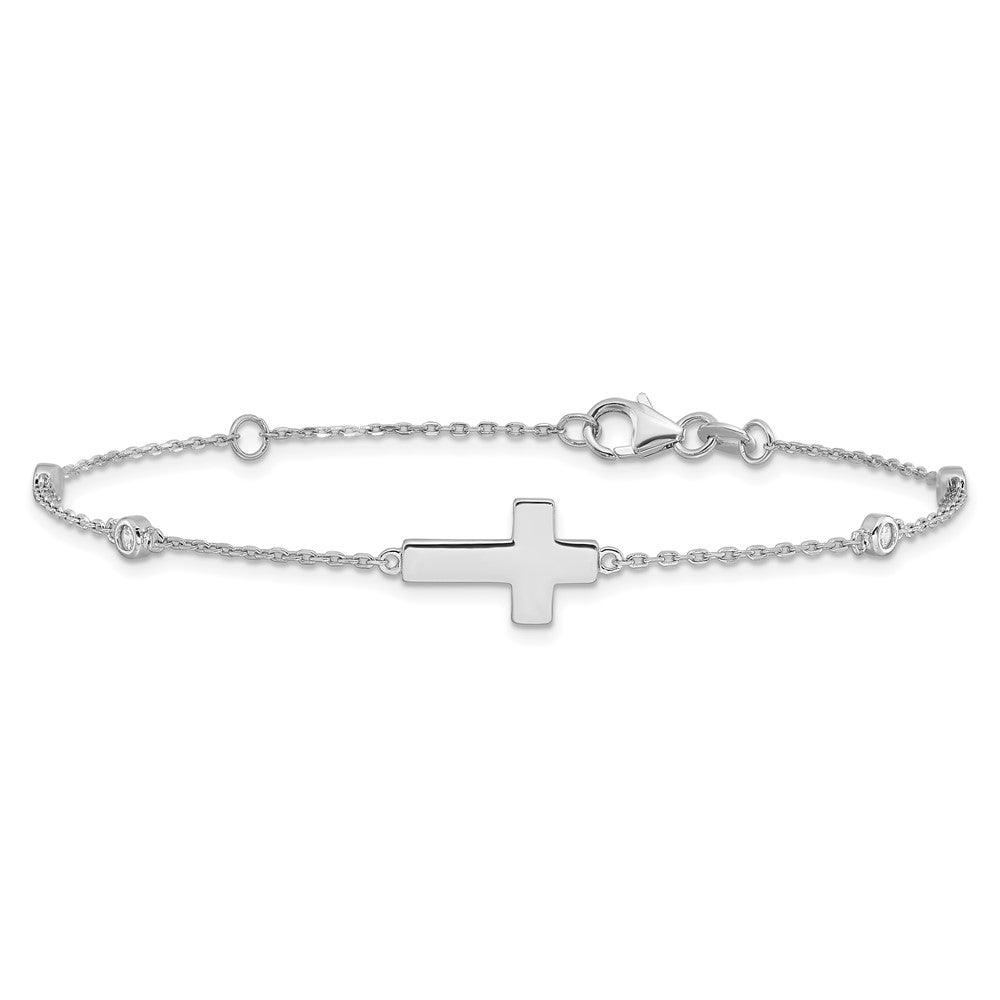Sterling Silver Rhodium-plated CZ Sideways Cross w/ ext. Bracelet