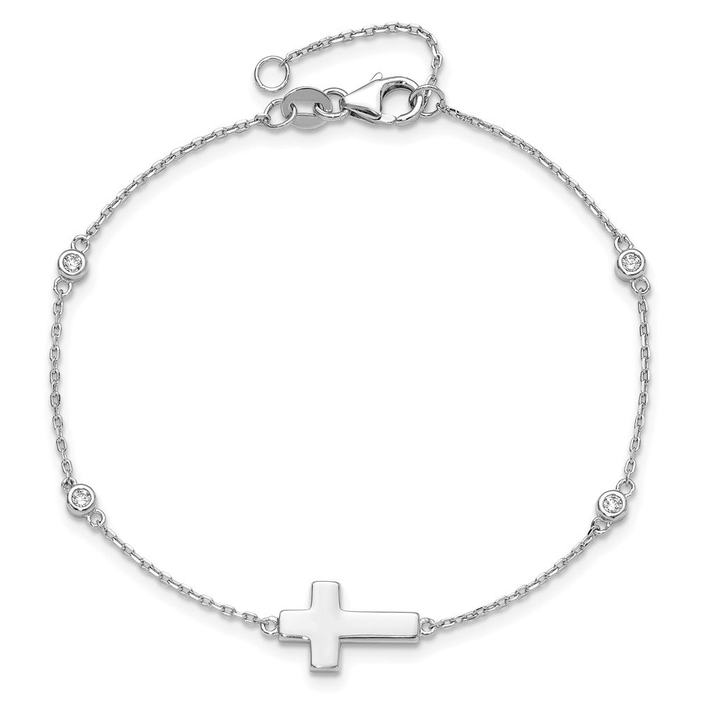 Sterling Silver Rhodium-plated CZ Sideways Cross w/ ext. Bracelet