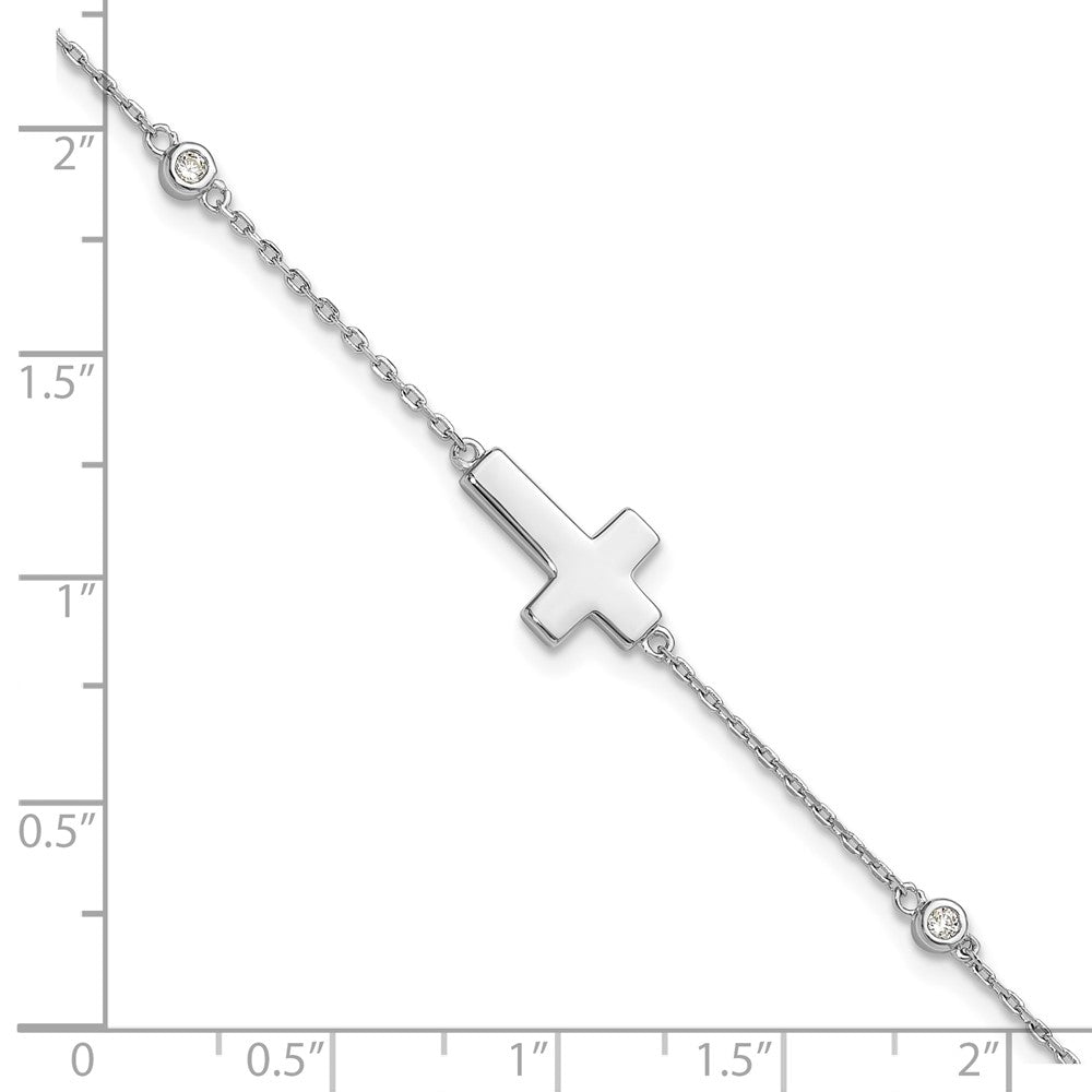 Sterling Silver Rhodium-plated CZ Sideways Cross w/ ext. Bracelet