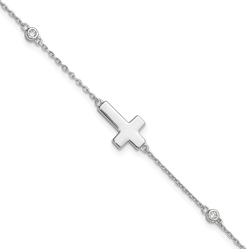 Sterling Silver Rhodium-plated CZ Sideways Cross w/ ext. Bracelet