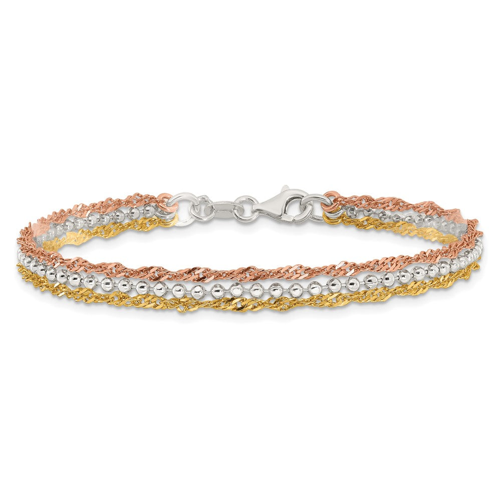 Sterling Silver Gold and Rose Gold-plated 3 Strand 7.5in Bracelet