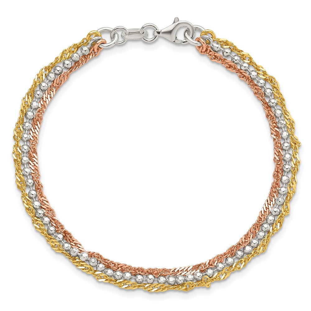 Sterling Silver Gold and Rose Gold-plated 3 Strand 7.5in Bracelet