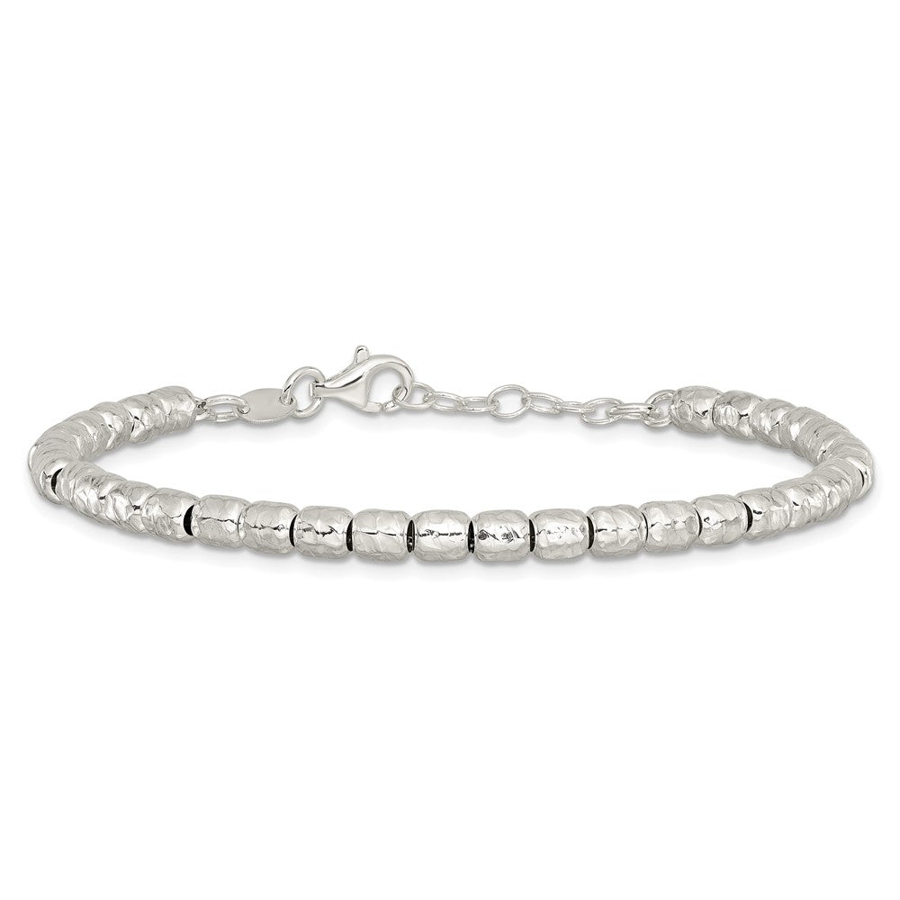 Sterling Silver RH-plated Polish/Hammered Beaded w/1 in ext. Bracelet